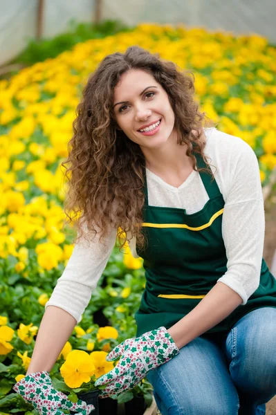 Jonge vrouw in gele bloementuin — Stockfoto