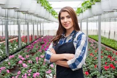 Çiçekçi kadın çiçekler sera içinde çalışma.