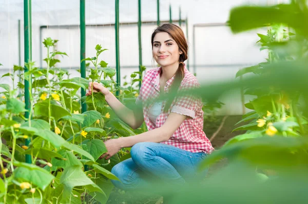 Hermosa joven jardinería y sonriendo a la cámara . —  Fotos de Stock