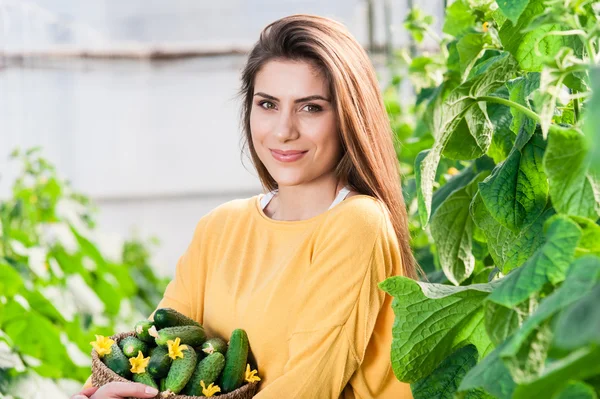 Schöne Frau hält einen Korb mit Gurken — Stockfoto