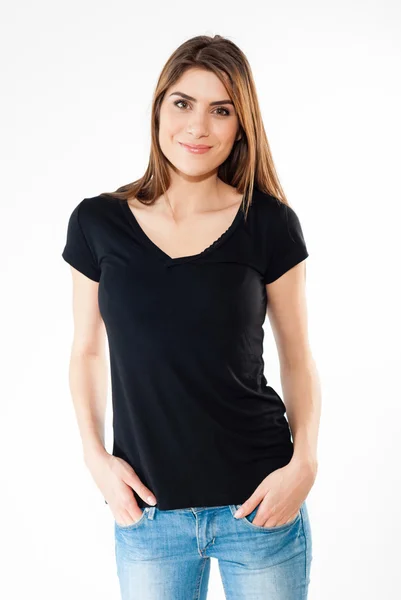 Young beautiful blond female posing with a blank black t-shirt — Stock Photo, Image