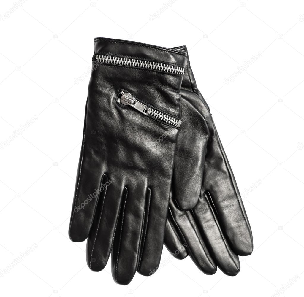 Woman Black Leather Gloves Isolated