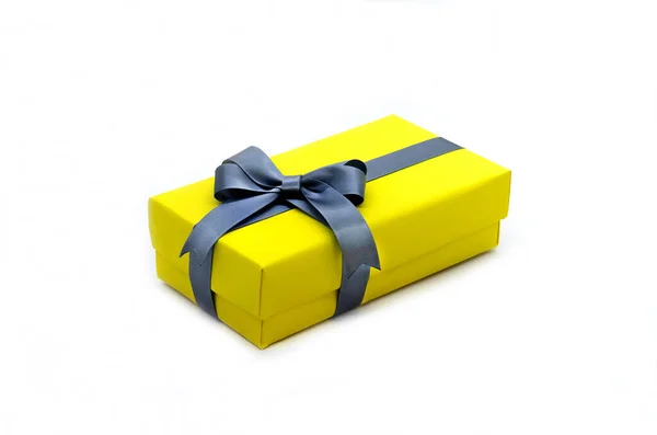 Yellow Gift Box Ribbon Isolated White Background — Stock Photo, Image