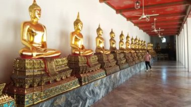 Asyalı kadın tapınakta altın Buda 'ya bakıyor, Wat Pho Bangkok Tayland