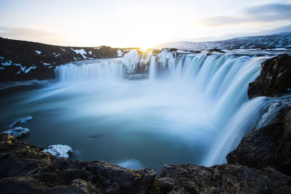 Cascada Godafoss Durante Atardecer Invierno Islandia — Foto de Stock