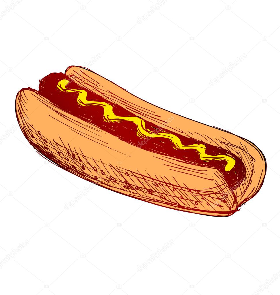 Colored hand sketch hot dog