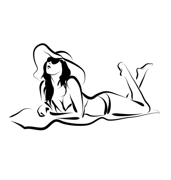 Διάνυσμα γραμμή σκίτσο του sunbather γυναίκες με καπέλο — Διανυσματικό Αρχείο