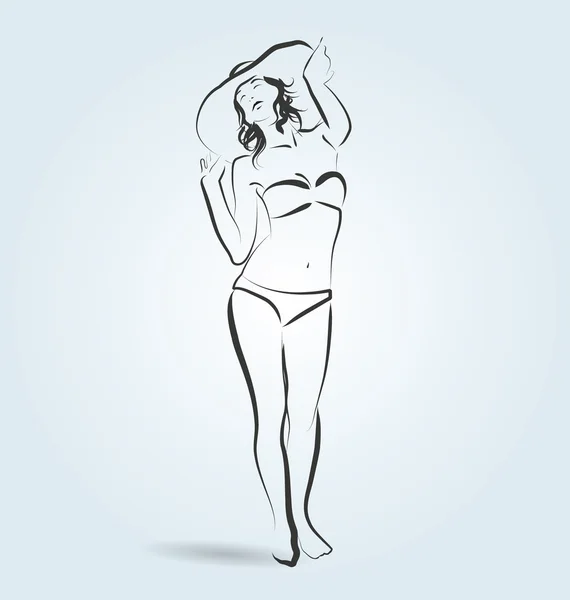 Linea vettoriale schizzo di una donna in costume da bagno e cappello — Vettoriale Stock