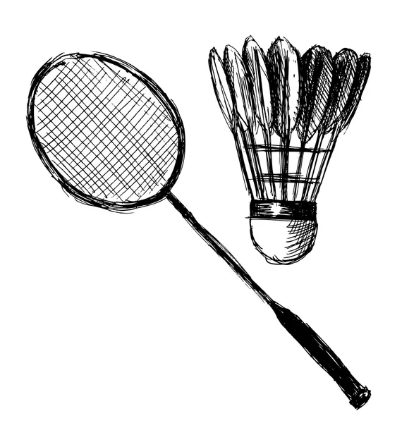 Mão esboço badminton raquete e shuttlecock — Vetor de Stock