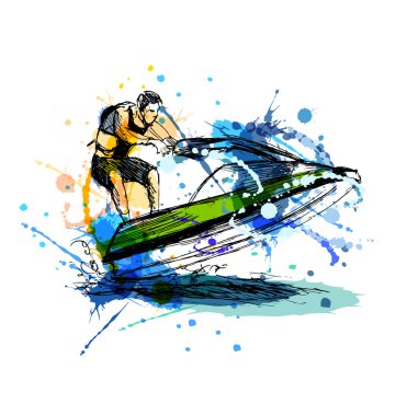Renkli el kroki binici bir jet ski üzerinde