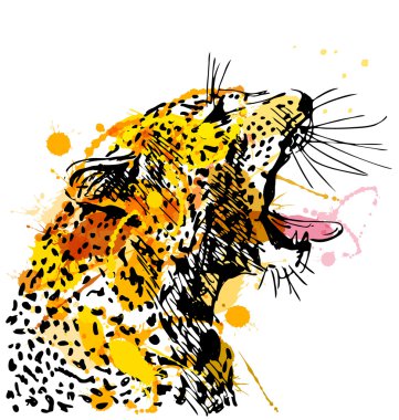 Renkli el kroki kükreyen bir leopar başkanı