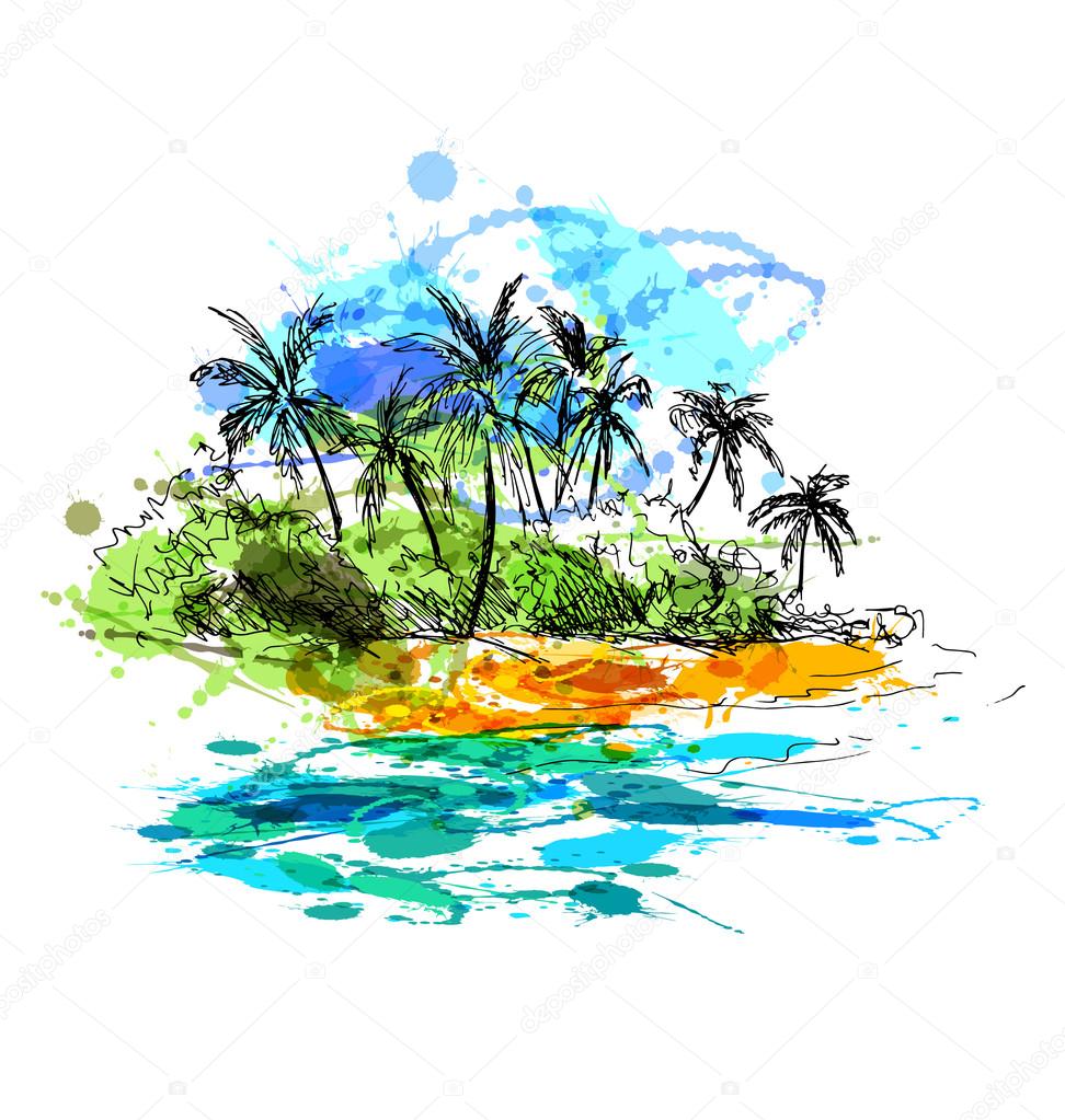 Colored hand sketch coast with palm trees