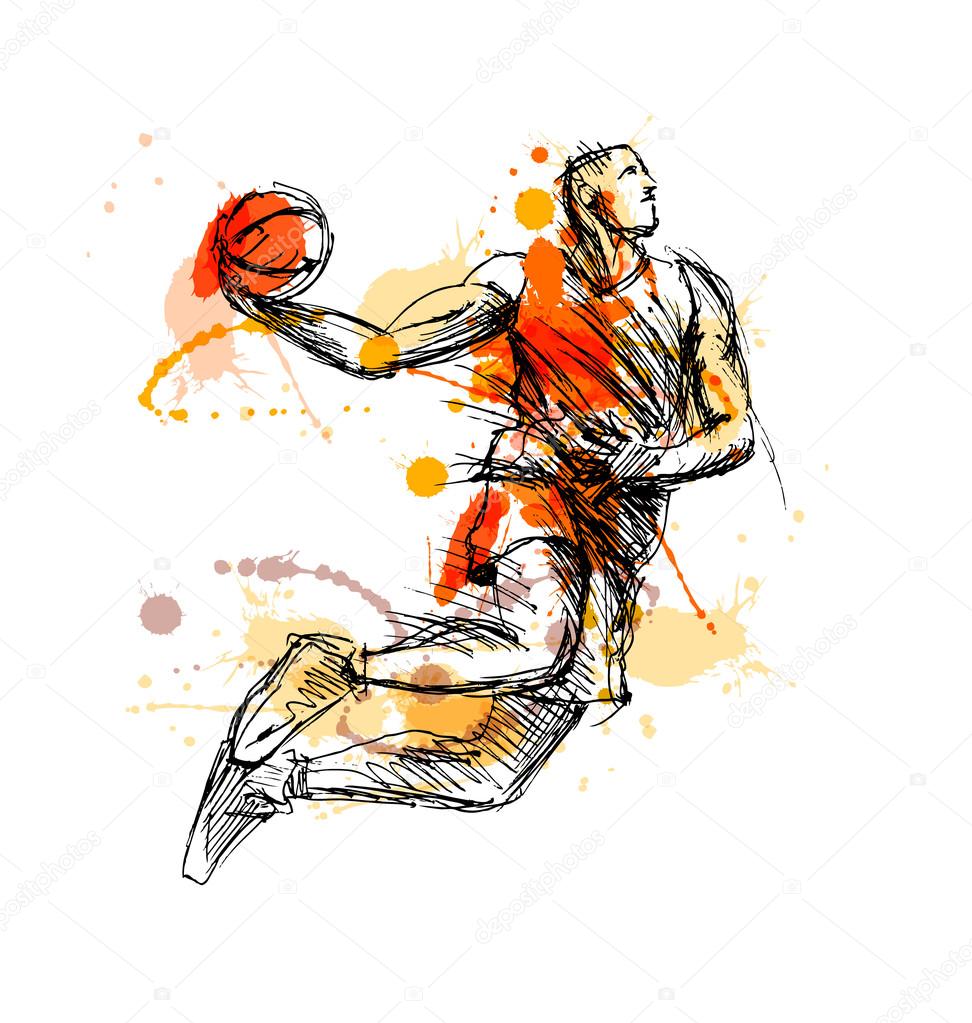 Colored hand sketch basketball player