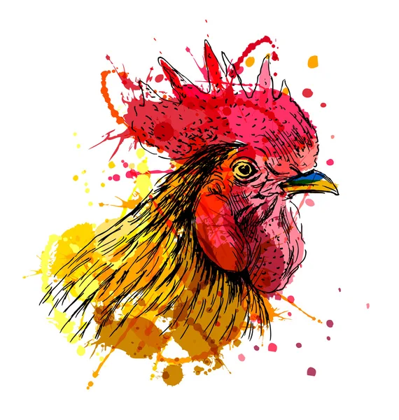 Warna tangan sketsa kepala ayam jago - Stok Vektor