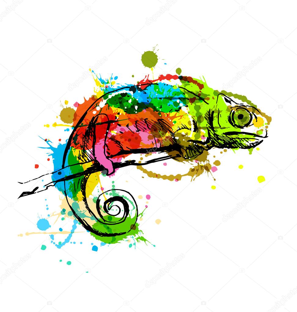 Colored hand sketch chameleon