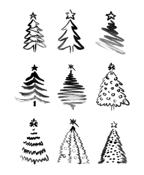 Ensemble Croquis Main Arbres Noël Illustration Vectorielle — Image vectorielle