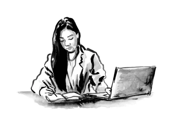 Ruční Kreslení Inkoust Pracující Žena Vektorová Ilustrace — Stockový vektor