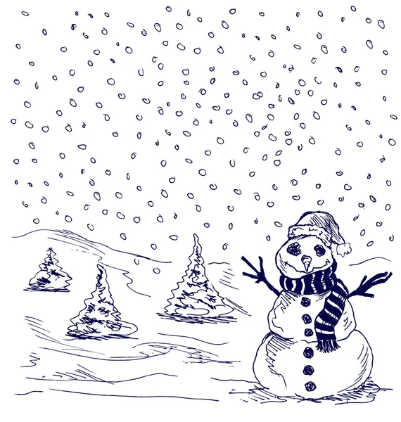 Paysage hivernal avec bonhomme de neige — Image vectorielle