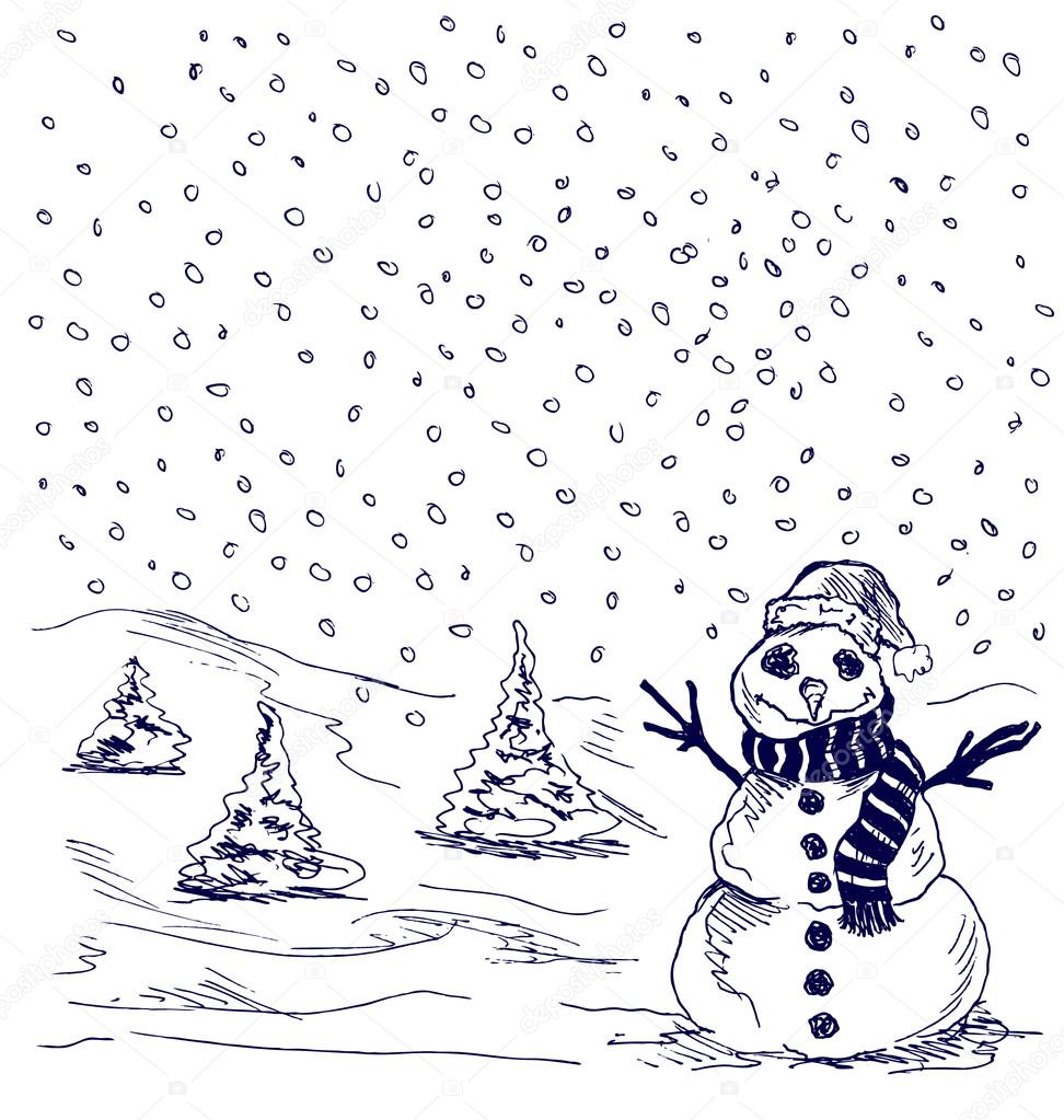 Winter landscape with snowman