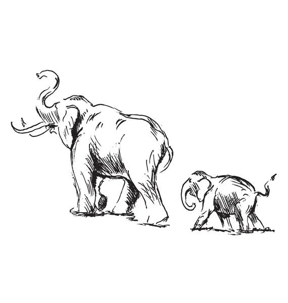 Hand skiss av en elefant med unge — Stock vektor
