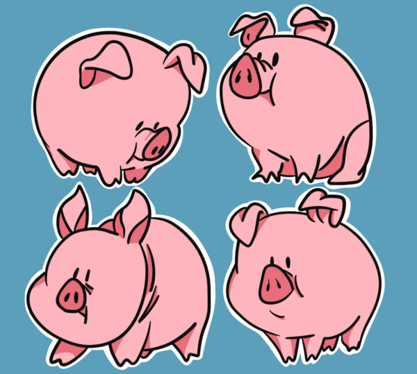 Dört Şirin Çizgi Film Pembe Domuz Karakterleri Komik Çiftlik Hayvanları Çizimleri.