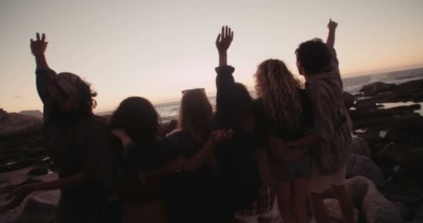 Silueta de amigos disfrutando de la puesta de sol en la playa — Vídeo de stock