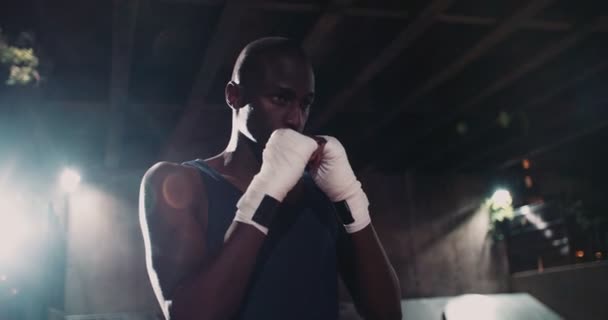 Entschlossener und fokussierter Boxer lässt Muskeln spielen — Stockvideo