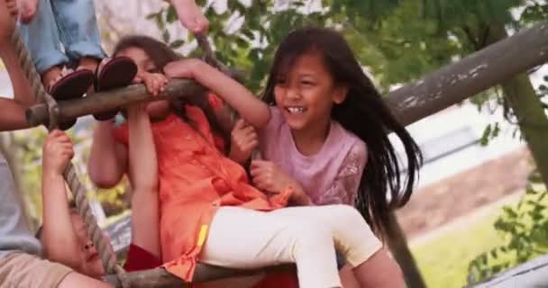 Niños jugando en la escalera de cuerda de la casa del árbol — Vídeos de Stock