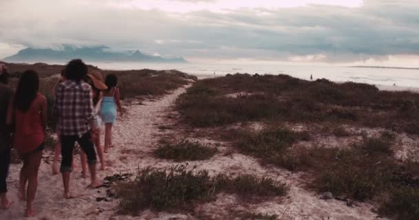 Sandy Beach üzerinde yürüme hipster arkadaşlar — Stok video