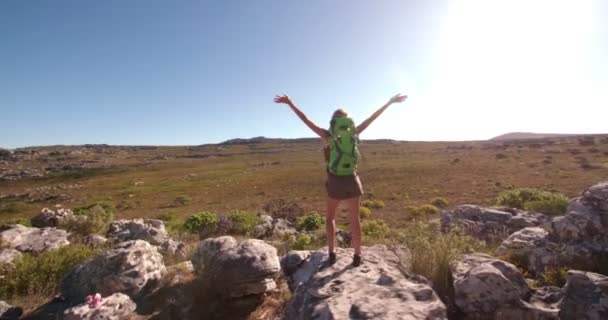 山の頂上に応援の女性をハイキング — ストック動画