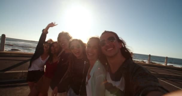 Amigos tomando uma selfie ao ar livre na praia — Vídeo de Stock