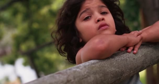 Çocuk bir ahşap çit düşünme yaslanmış — Stok video