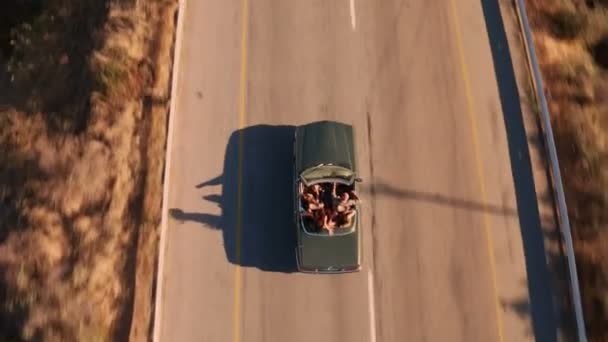 Amigos despreocupados en coche convertible durante el viaje por carretera — Vídeo de stock