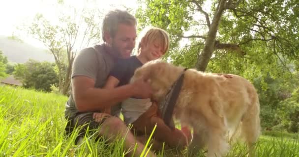 Papa spielt mit Sohn und Hund draußen — Stockvideo