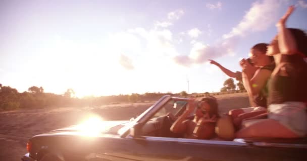 Vänner att höja armarna för att fira deras bilsemester — Stockvideo
