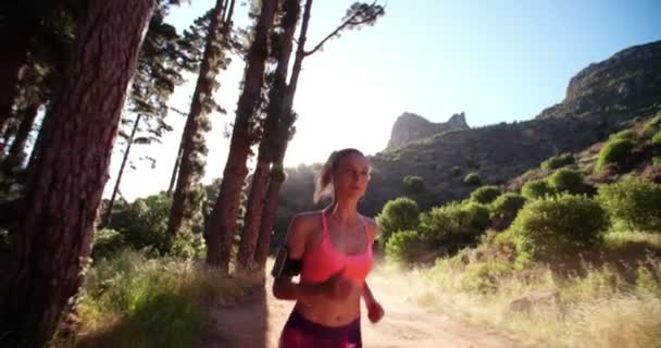 Donna atletica che corre su un sentiero sterrato di montagna — Video Stock