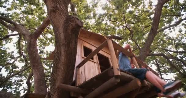 Kinderen praten tijdens het spelen in een houten treehouse — Stockvideo