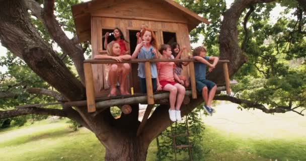 Дети надувают пузыри на крыльце деревянного домика на дереве — стоковое видео