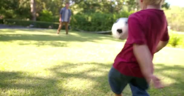Ο μπαμπάς και αγόρι παίζει μπάλα στον κήπο — Αρχείο Βίντεο