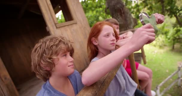 Девушка держит увеличительное стекло до дубового листа — стоковое видео