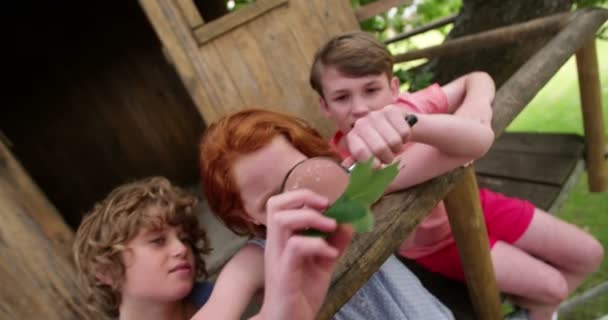 Chica mirando una hoja con lupa con amigos — Vídeos de Stock