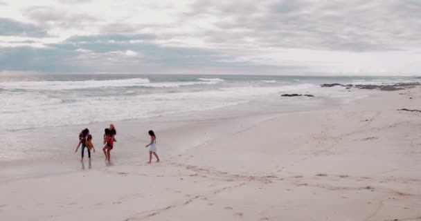 Vrienden van de Hipster uitgevoerd op Sandy Beach — Stockvideo