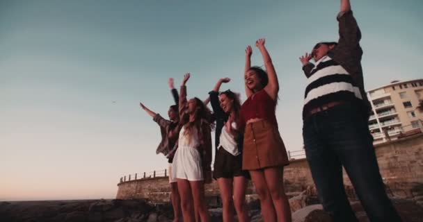 Amici che raggiungono la spiaggia durante un viaggio — Video Stock