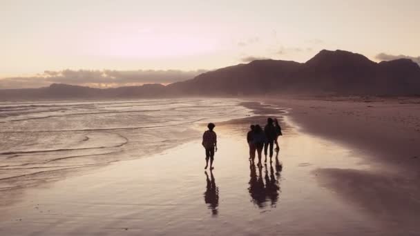 Φίλους, απολαμβάνοντας μια μικρή βόλτα στην παραλία στο ηλιοβασίλεμα — Αρχείο Βίντεο