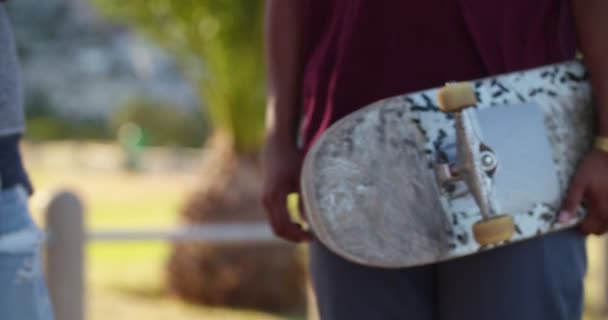 Patinadores de carreras mixtas sosteniendo sus patines — Vídeos de Stock