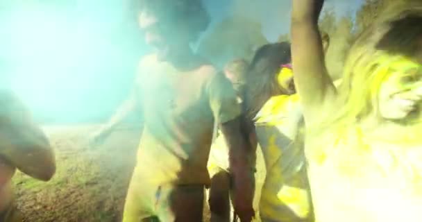 Skupina slaví Holi Festival v parku — Stock video