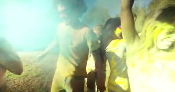 Gruppe feiert Holi-Fest im Park — Stockvideo