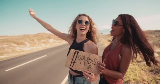 Birlikte otostop iki hippi kız — Stok video