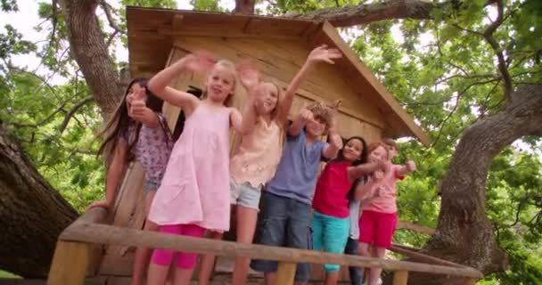 Группа детей, машущих из деревянного домика на дереве — стоковое видео