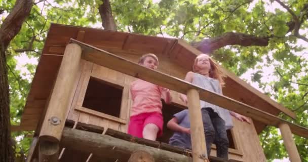 Niños corriendo por una casa del árbol y señalando — Vídeo de stock